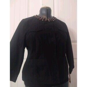 Ruby Rd Womens 12 Beading Embellish Snap 3/4 Slv Black Jacket/Blazer Boho